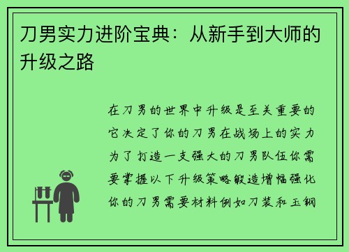 刀男实力进阶宝典：从新手到大师的升级之路